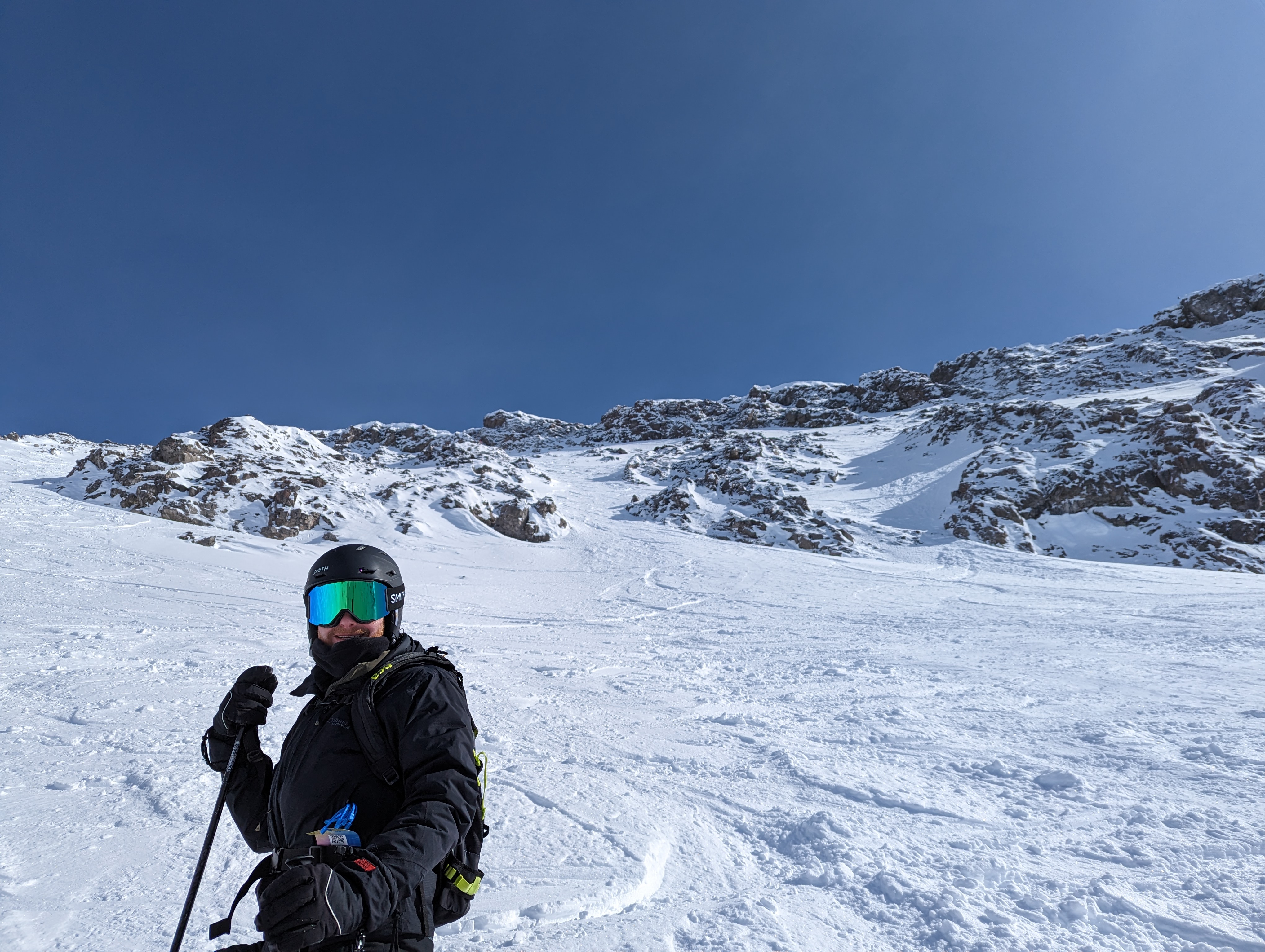 A photograph of me partway down a run in Delirium Dive at Sunshine Village in Banff, Alberta